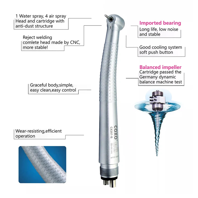 Peça de Mão Odontológica de Alta Velocidade COXO CX207-B com Canal Externo, Turbina de Ar, Máquina de Limpeza de Dentes, Instrumento de Clareamento, Equipamento
